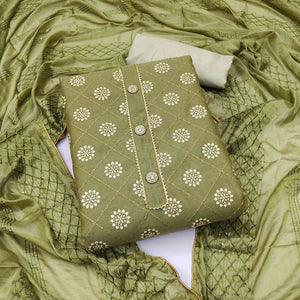 Green Floral Embroidered With Gota Patti Chanderi Dress Material - Peachmode
