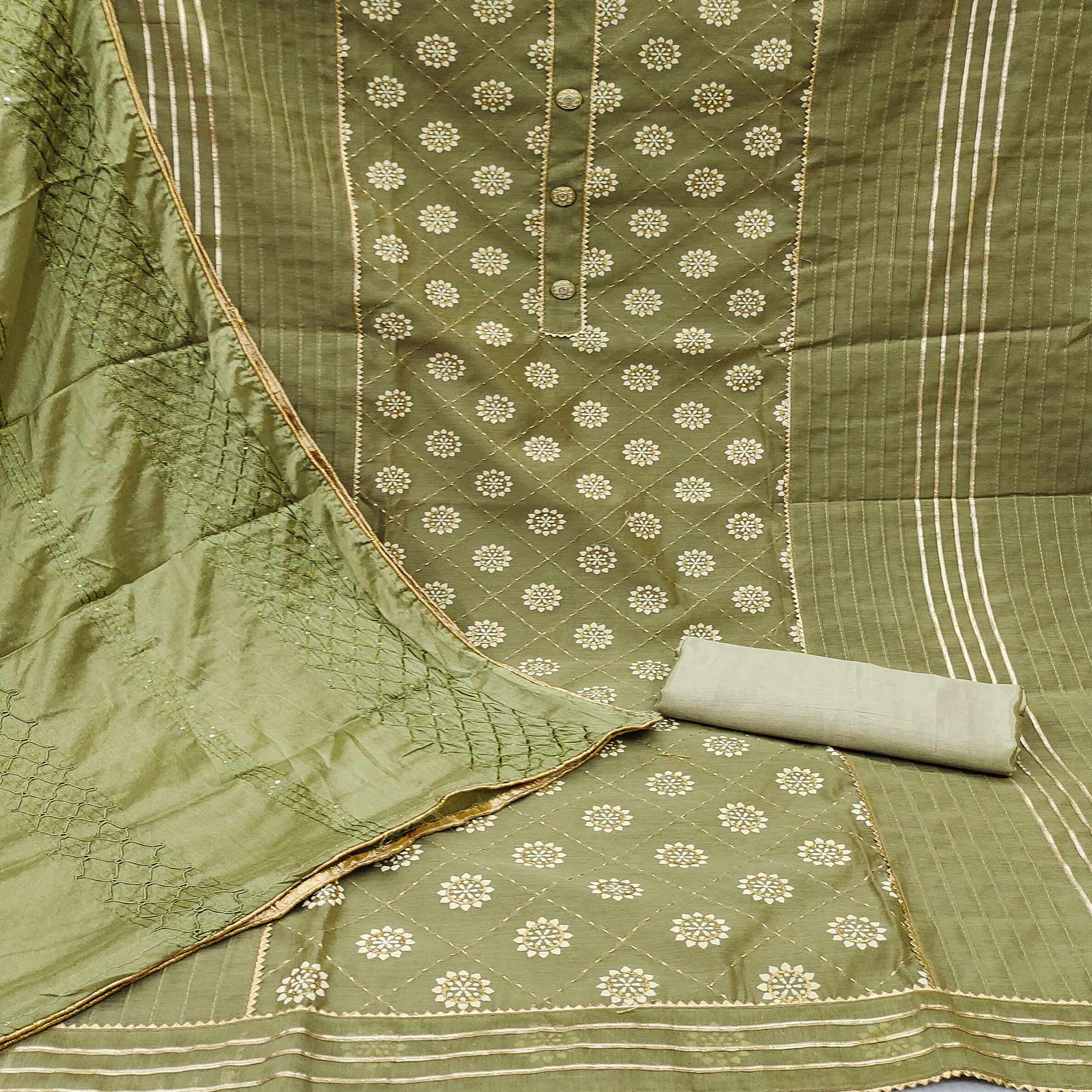 Green Floral Embroidered With Gota Patti Chanderi Dress Material - Peachmode