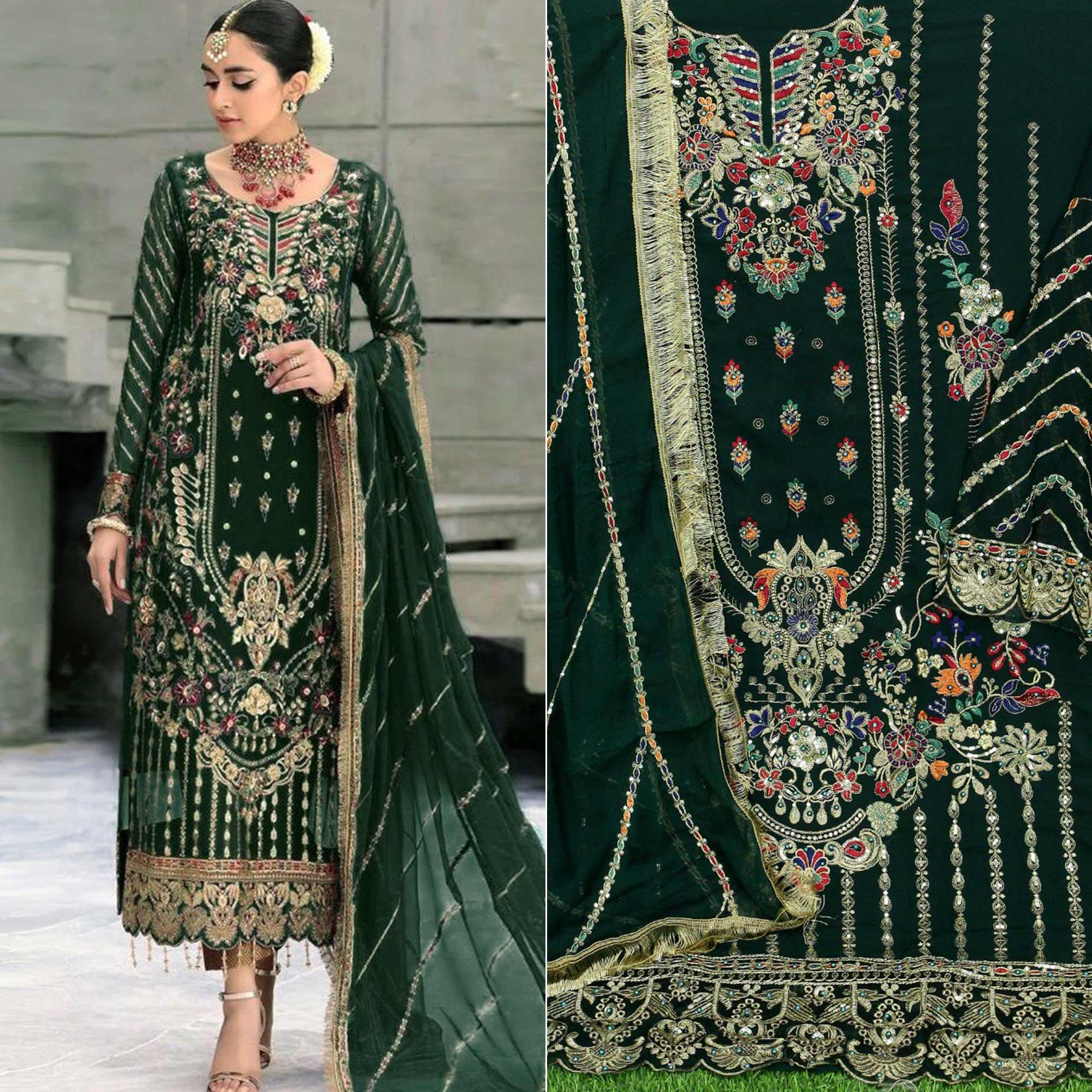 Green Floral Embroidered With Sequence Georgette Pakistani Suit - Peachmode