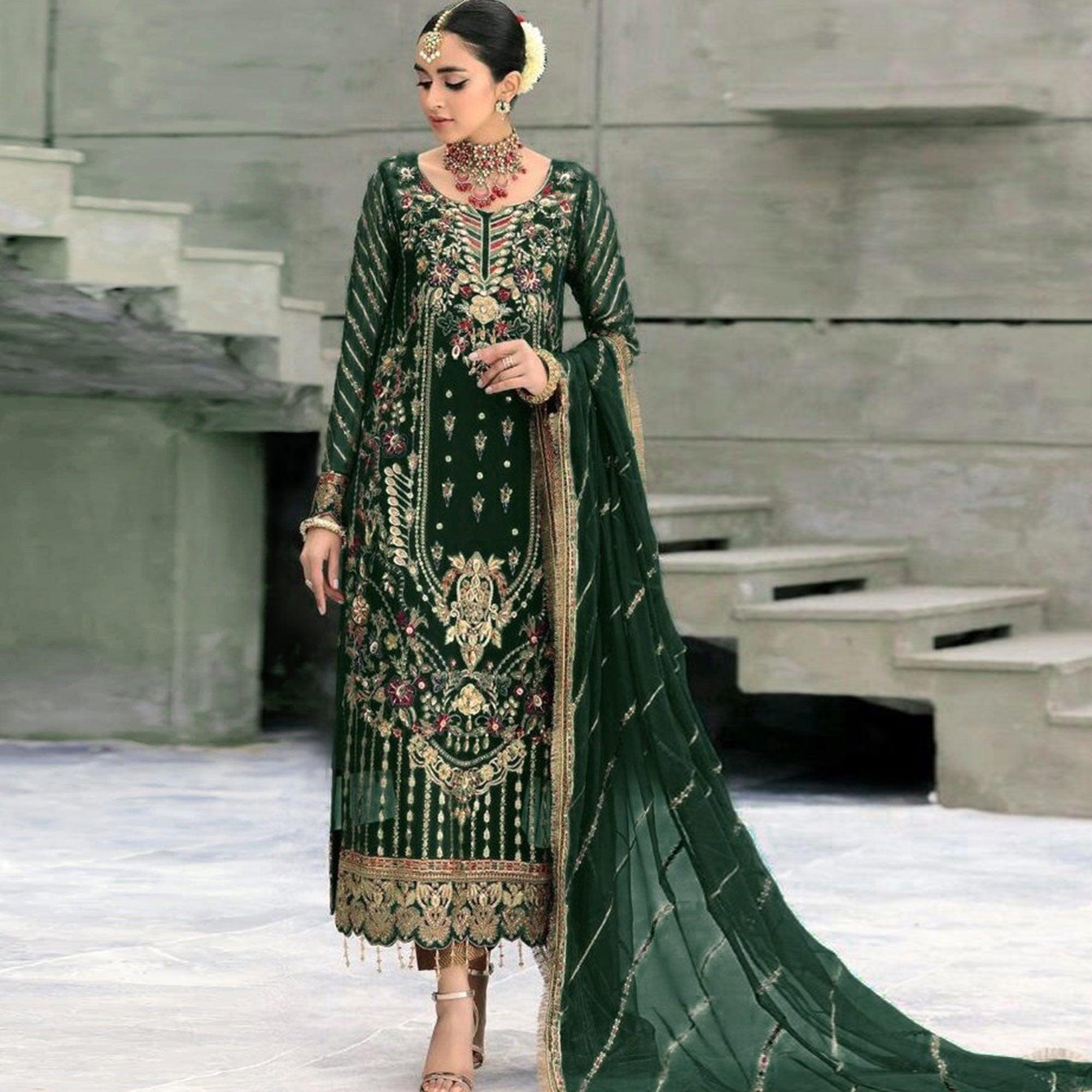 Green Floral Embroidered With Sequence Georgette Pakistani Suit - Peachmode