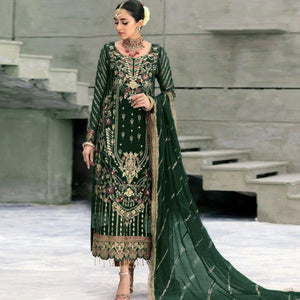 Green Floral Embroidered With Sequence Georgette Pakistani Suit - Peachmode
