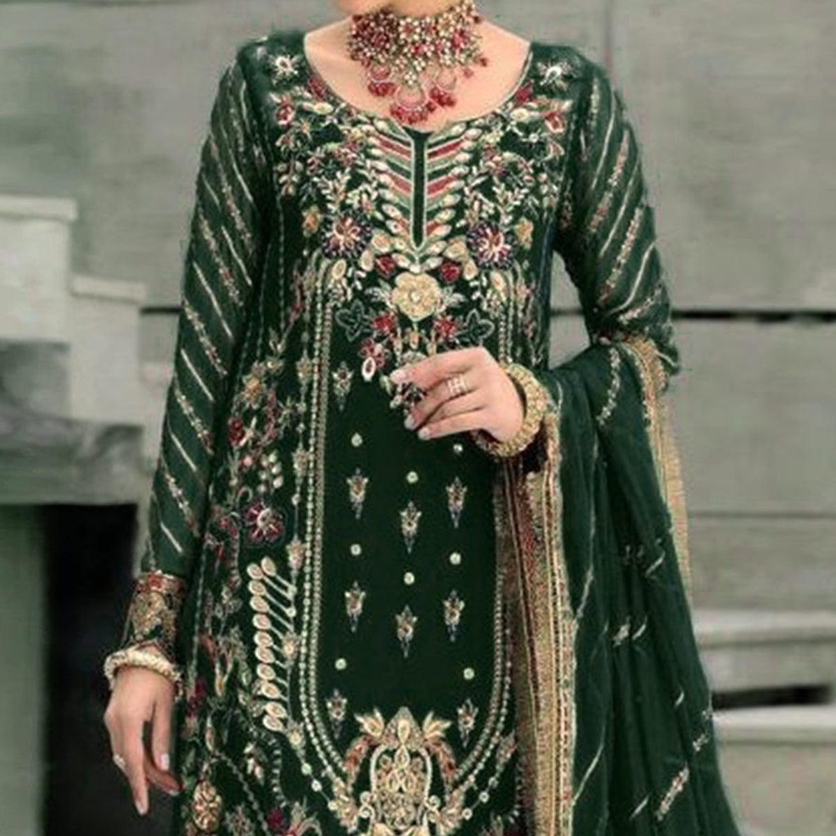 Green Floral Embroidered With Sequence Georgette Pakistani Suit - Peachmode