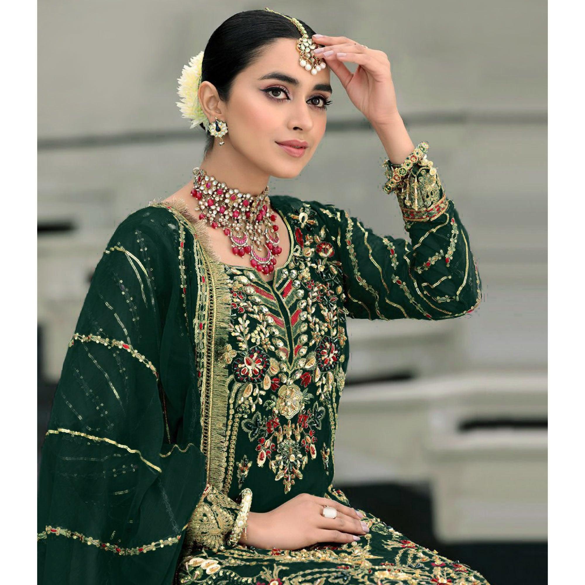 Green Floral Embroidered With Sequence Georgette Pakistani Suit - Peachmode