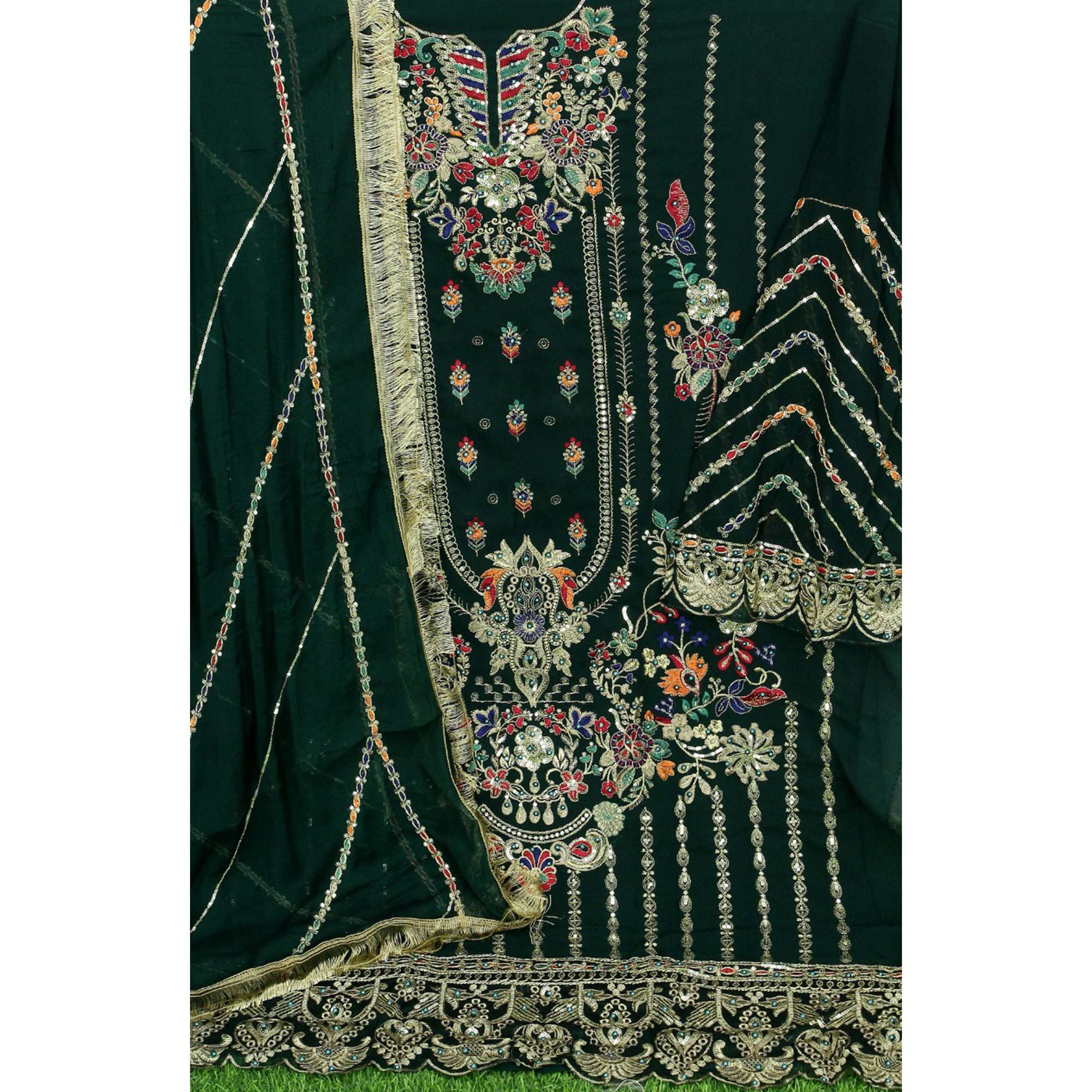 Green Floral Embroidered With Sequence Georgette Pakistani Suit - Peachmode