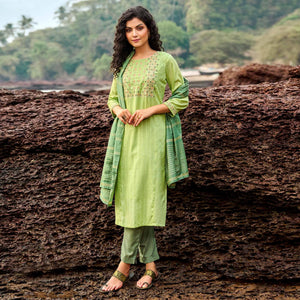 Green Floral Embroidered With Stripe Printed Cotton Kurti Pant Set - Peachmode