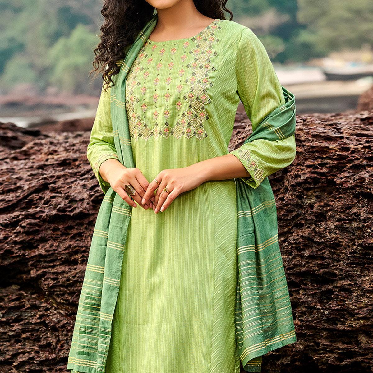 Green Floral Embroidered With Stripe Printed Cotton Kurti Pant Set - Peachmode