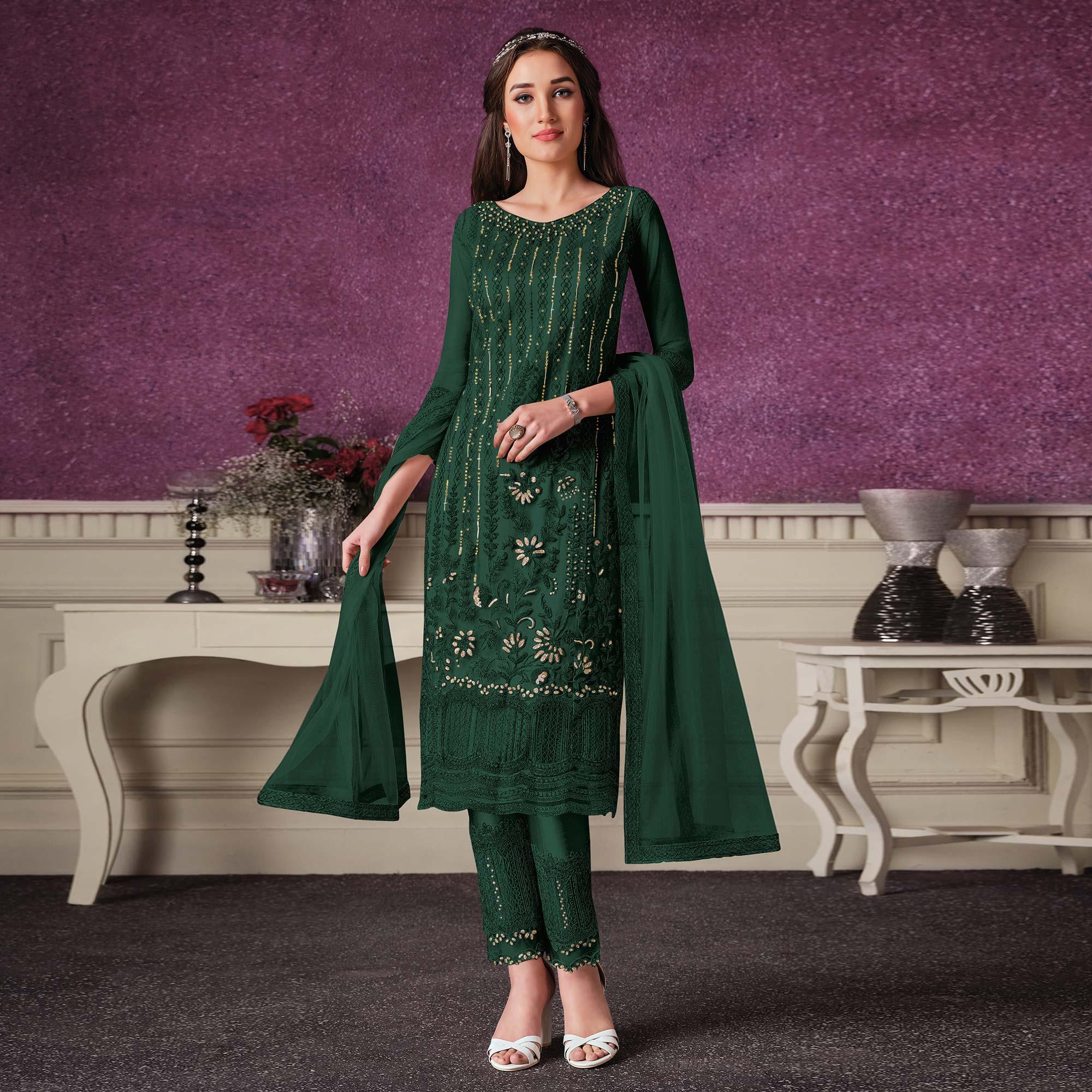Green Floral Embroidery Designer Heavy Butterfly Net Partywear Suit - Peachmode