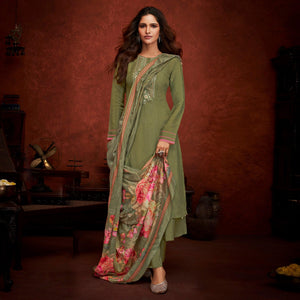 Green Floral Embroidery With Print Pure Viscose Partywear Suit - Peachmode