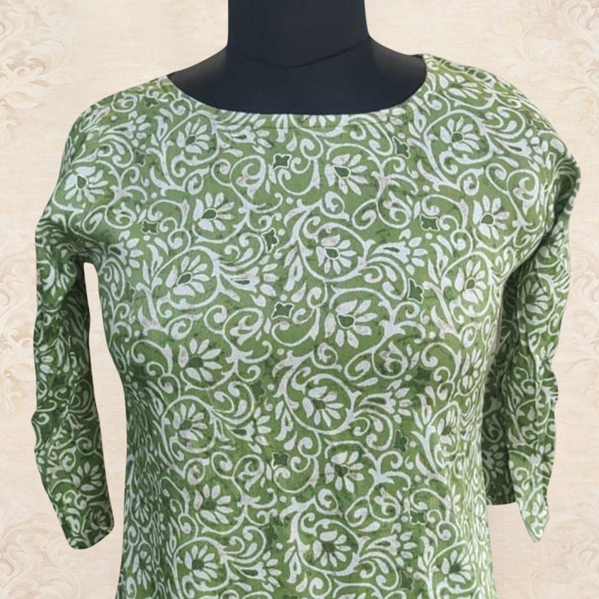 Green Floral Foil Printed Rayon Top - Peachmode
