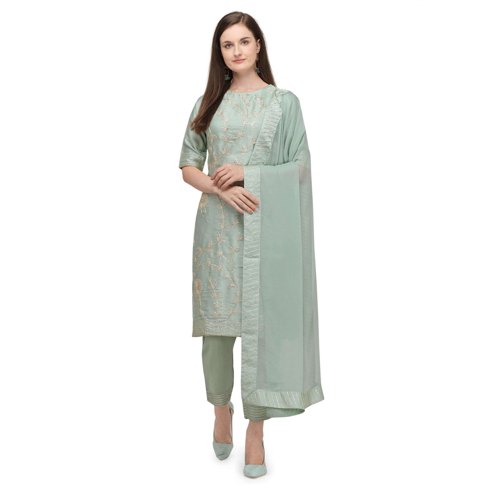 Green Floral Gotta Patti Embroidery Work Silk Partywear Suit - Peachmode
