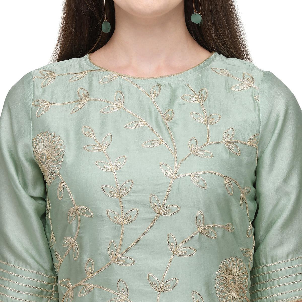 Green Floral Gotta Patti Embroidery Work Silk Partywear Suit - Peachmode