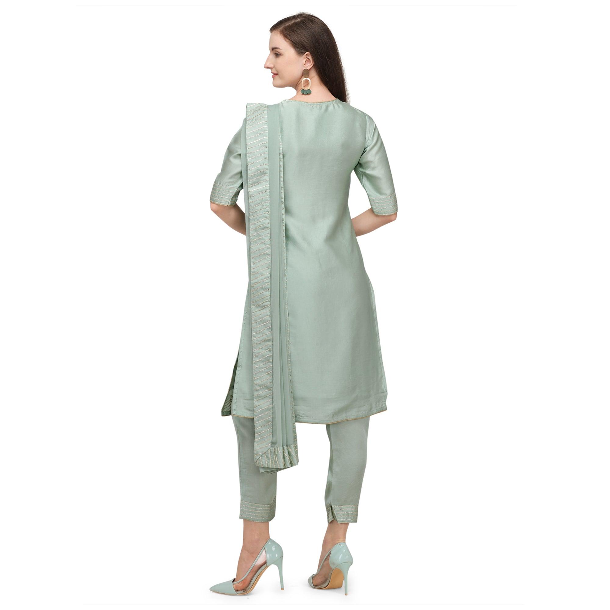 Green Floral Gotta Patti Embroidery Work Silk Partywear Suit - Peachmode