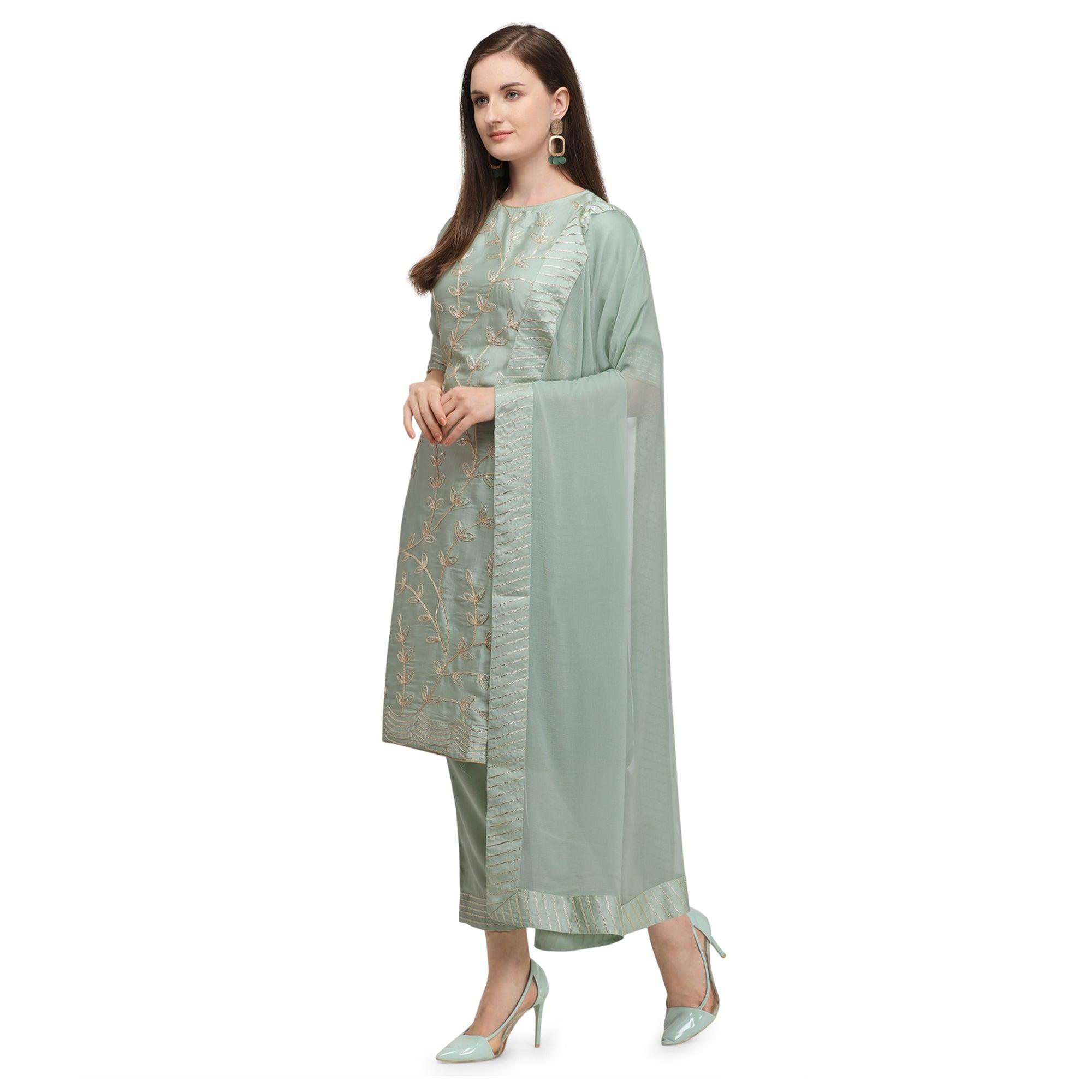 Green Floral Gotta Patti Embroidery Work Silk Partywear Suit - Peachmode