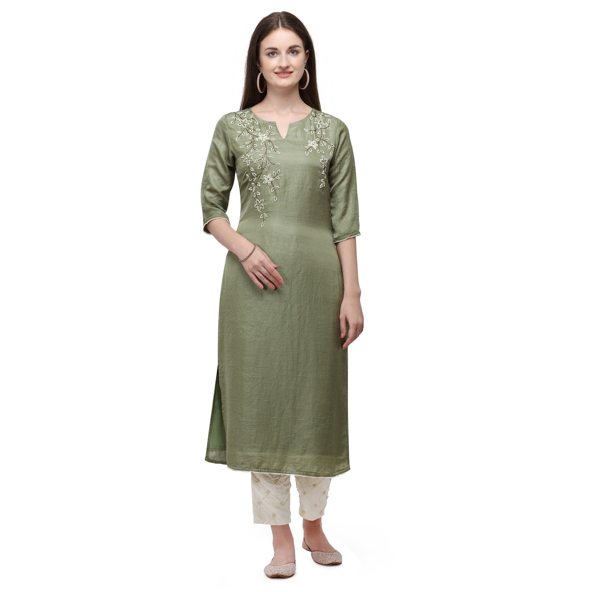 Green Floral Pearl Embroidered Silk Partywear Suit - Peachmode
