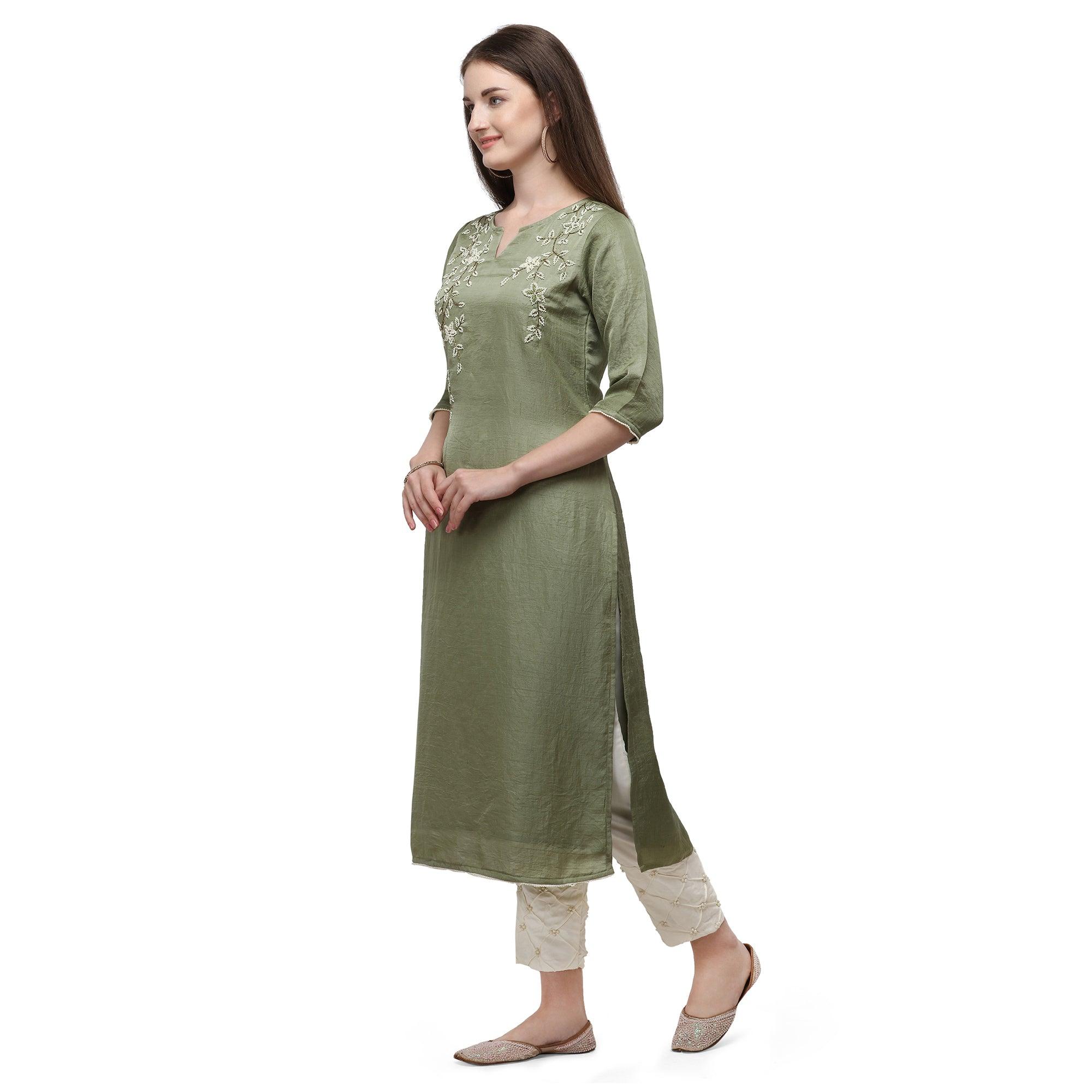 Green Floral Pearl Embroidered Silk Partywear Suit - Peachmode