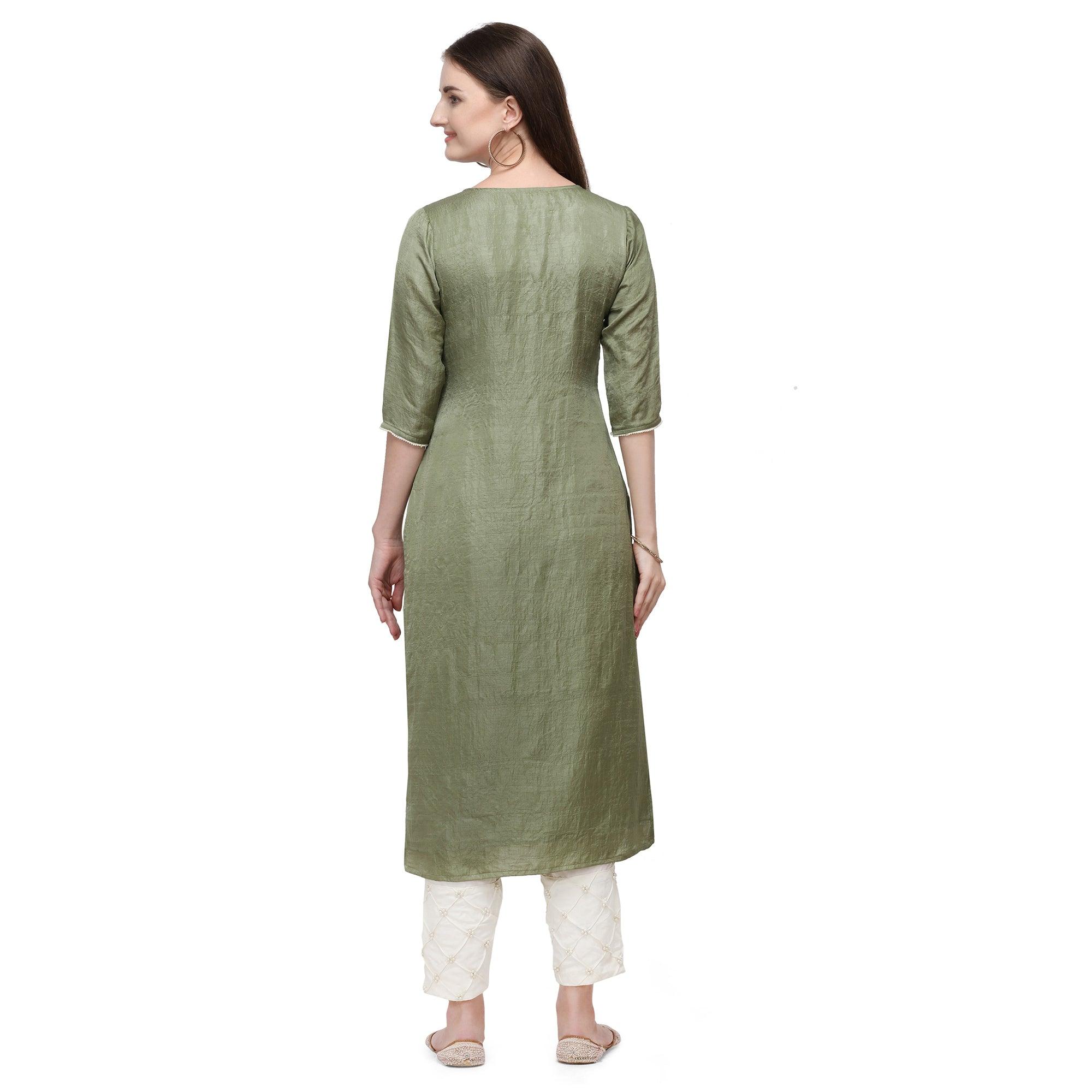 Green Floral Pearl Embroidered Silk Partywear Suit - Peachmode