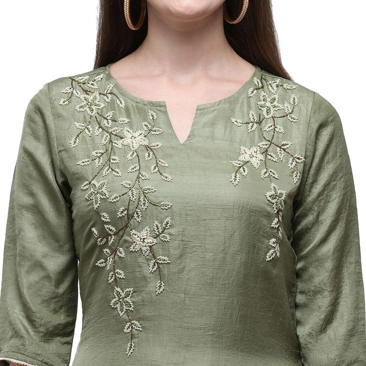 Green Floral Pearl Embroidered Silk Partywear Suit - Peachmode