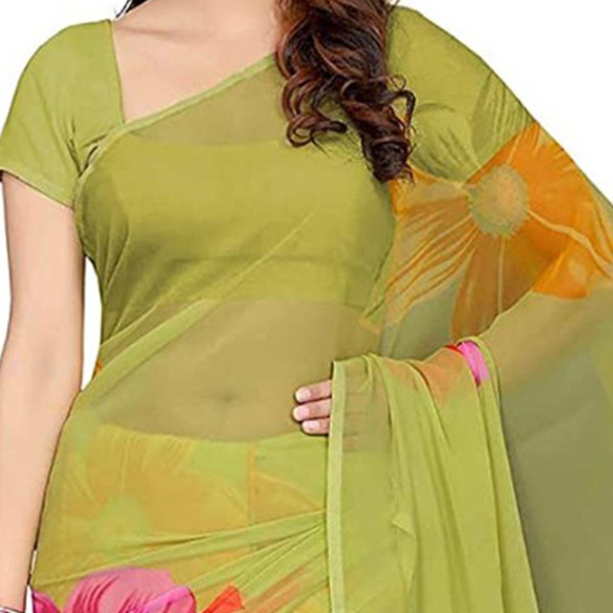 Green Floral Print Georgette Saree - Peachmode