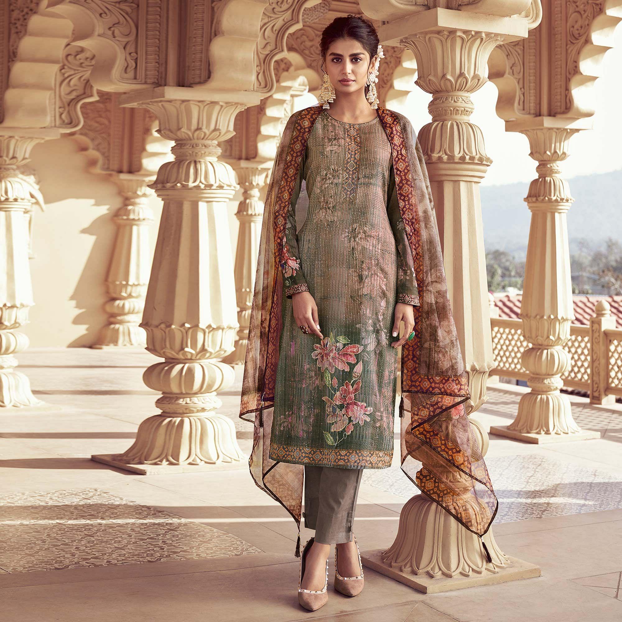 Green Floral Print With Sequence Embroidered Royal chinon Partywear Suit - Peachmode