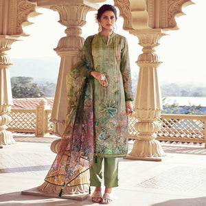 Green Floral Print With Sequence Embroidered Royal chinon Partywear Suit - Peachmode