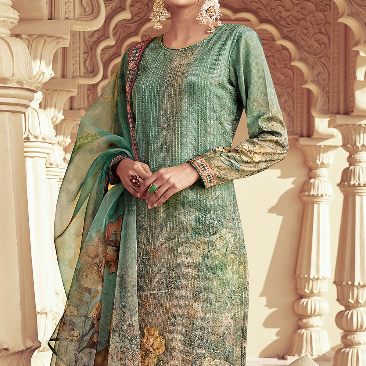 Green Floral Print With Sequence Embroidered Royal chinon Partywear Suit - Peachmode