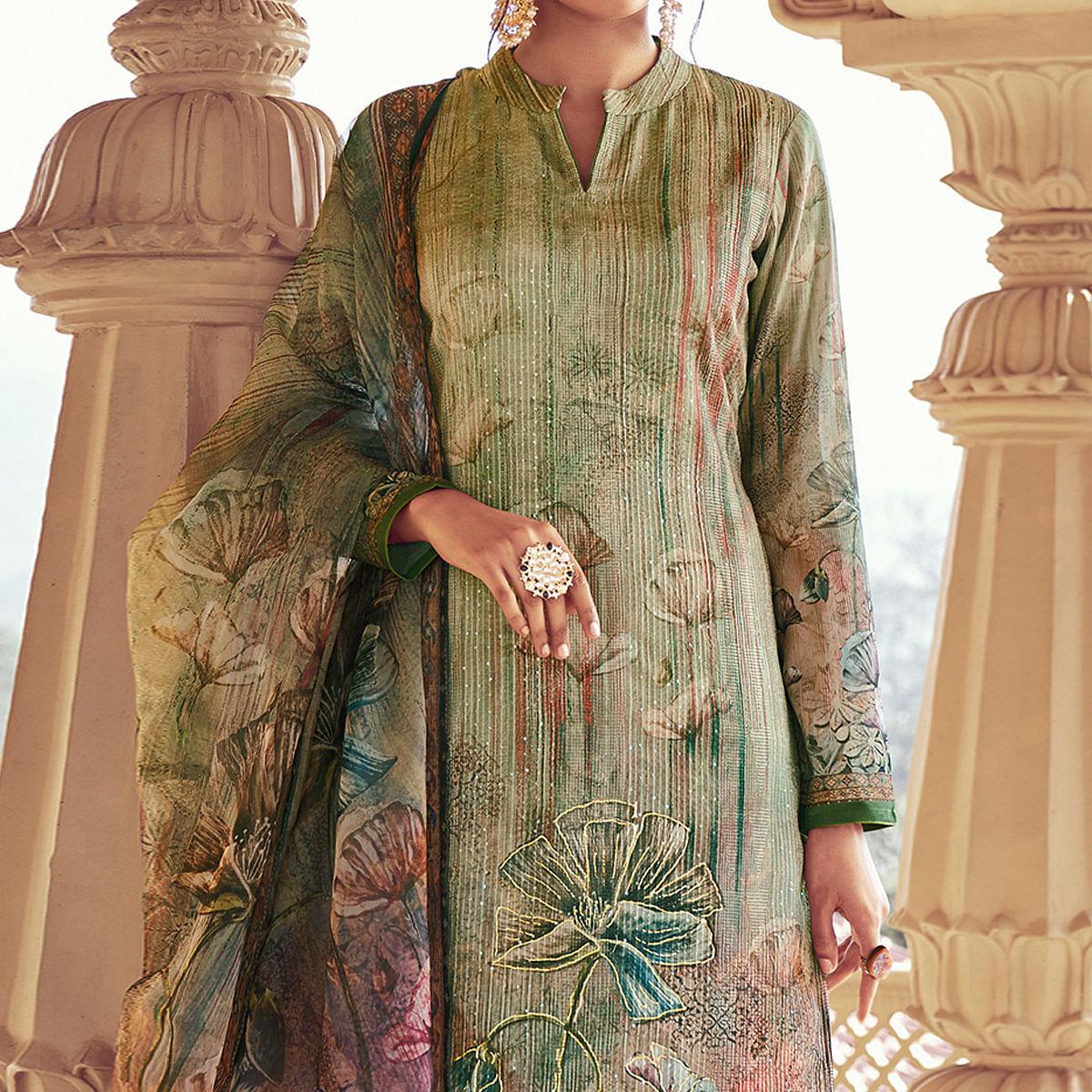 Green Floral Print With Sequence Embroidered Royal chinon Partywear Suit - Peachmode