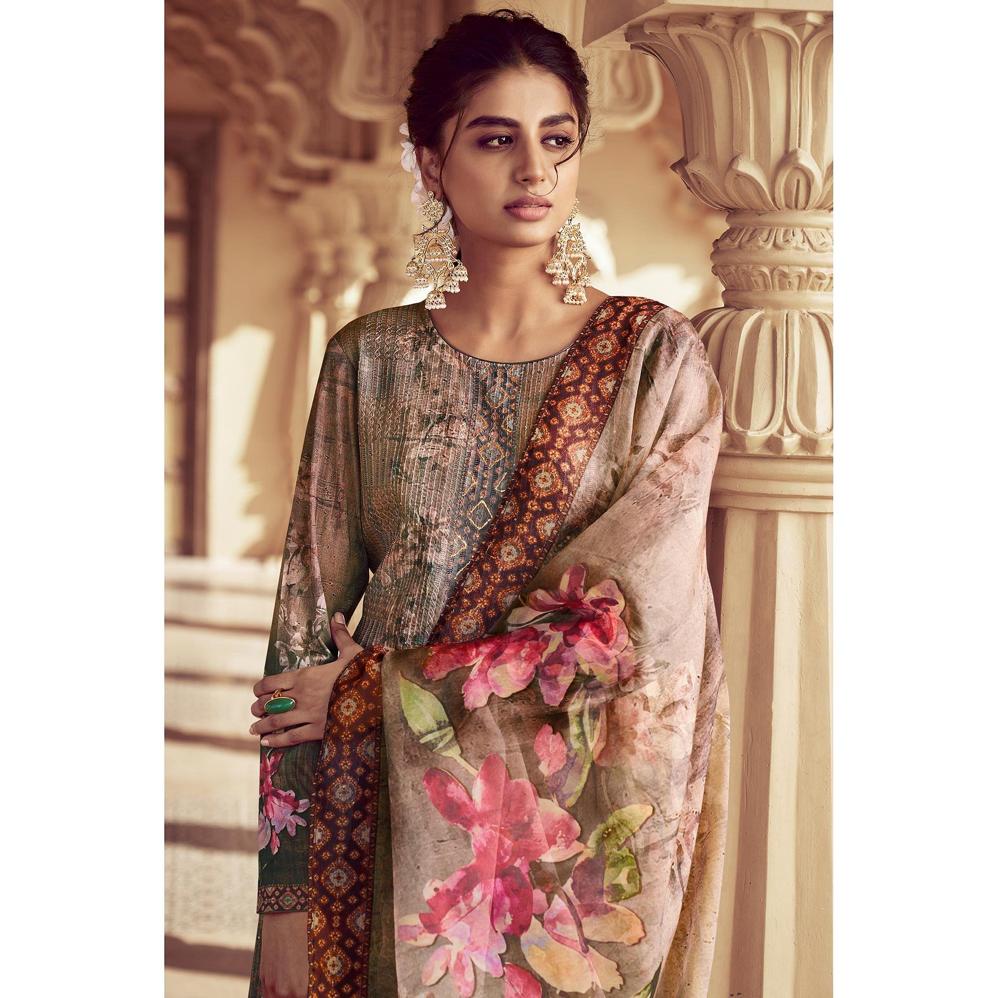 Green Floral Print With Sequence Embroidered Royal chinon Partywear Suit - Peachmode
