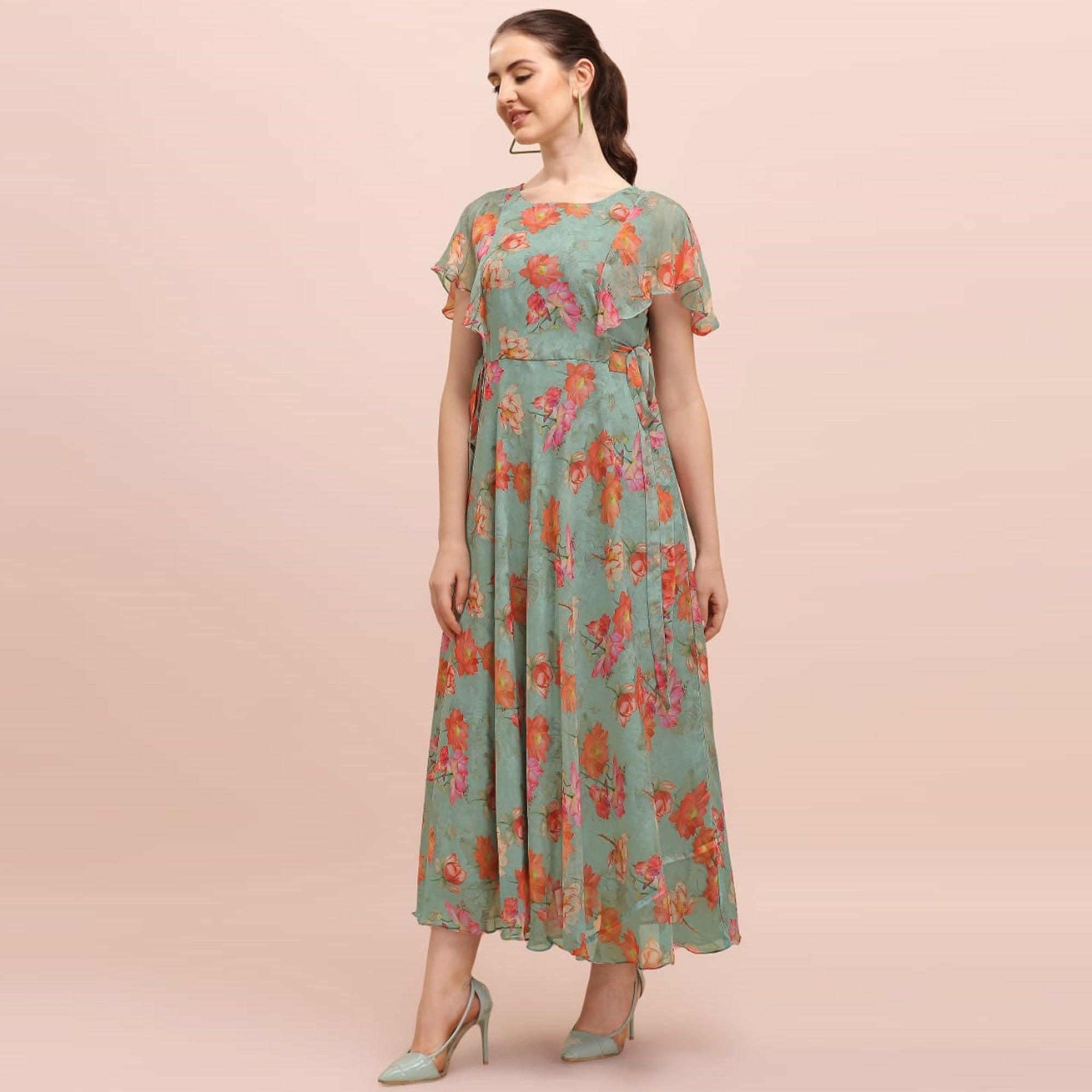 Green Floral Printed A-Line Chiffon Dress - Peachmode