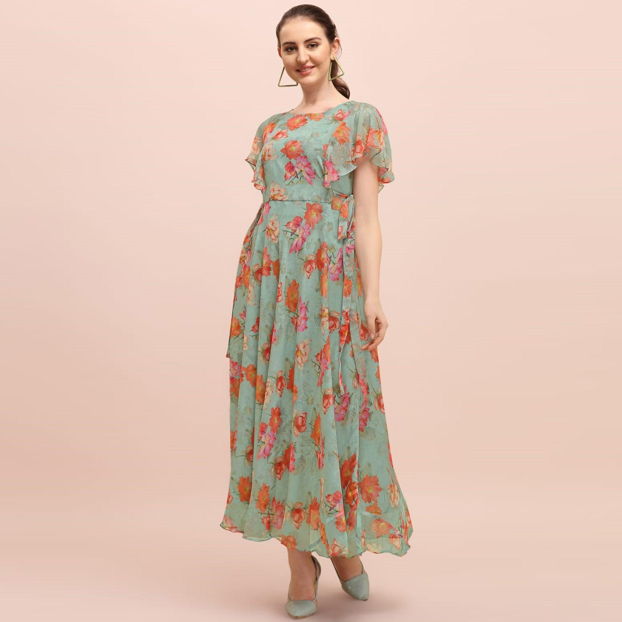 Green Floral Printed A-Line Chiffon Dress - Peachmode