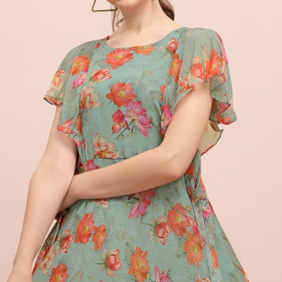 Green Floral Printed A-Line Chiffon Dress - Peachmode