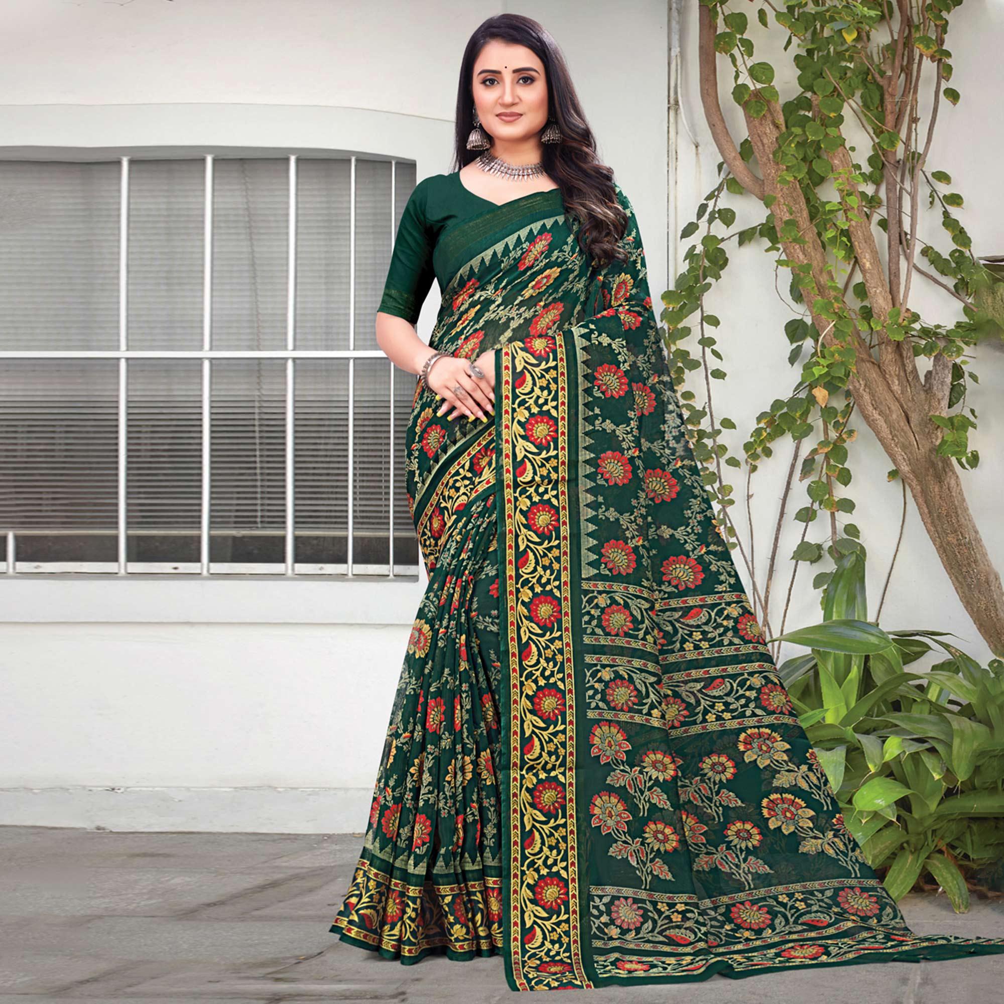 Green Floral Printed Art Silk Saree - Peachmode