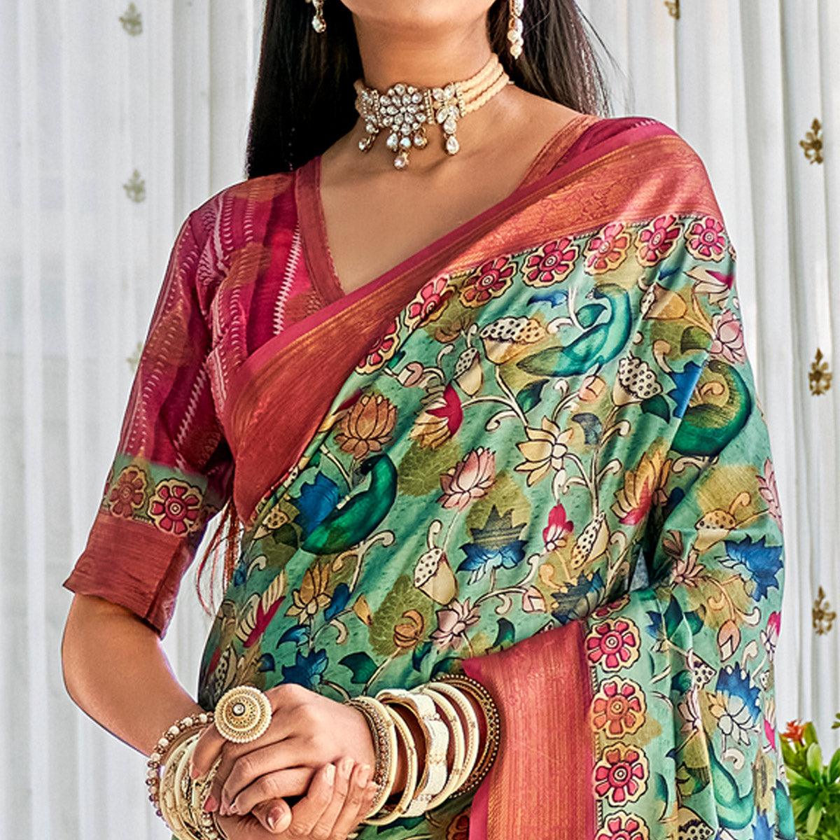 Green Floral Printed Art Silk Saree - Peachmode