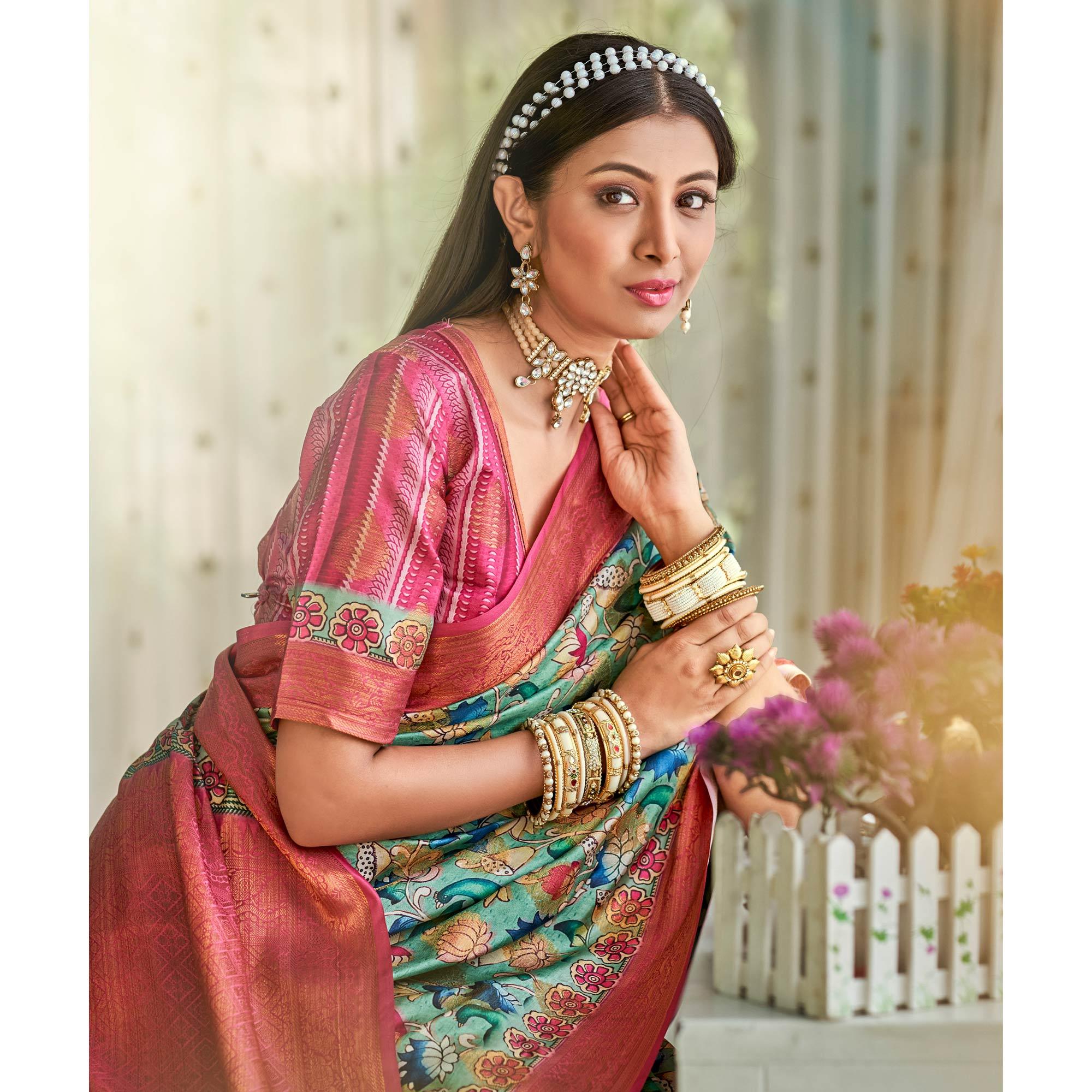 Green Floral Printed Art Silk Saree - Peachmode