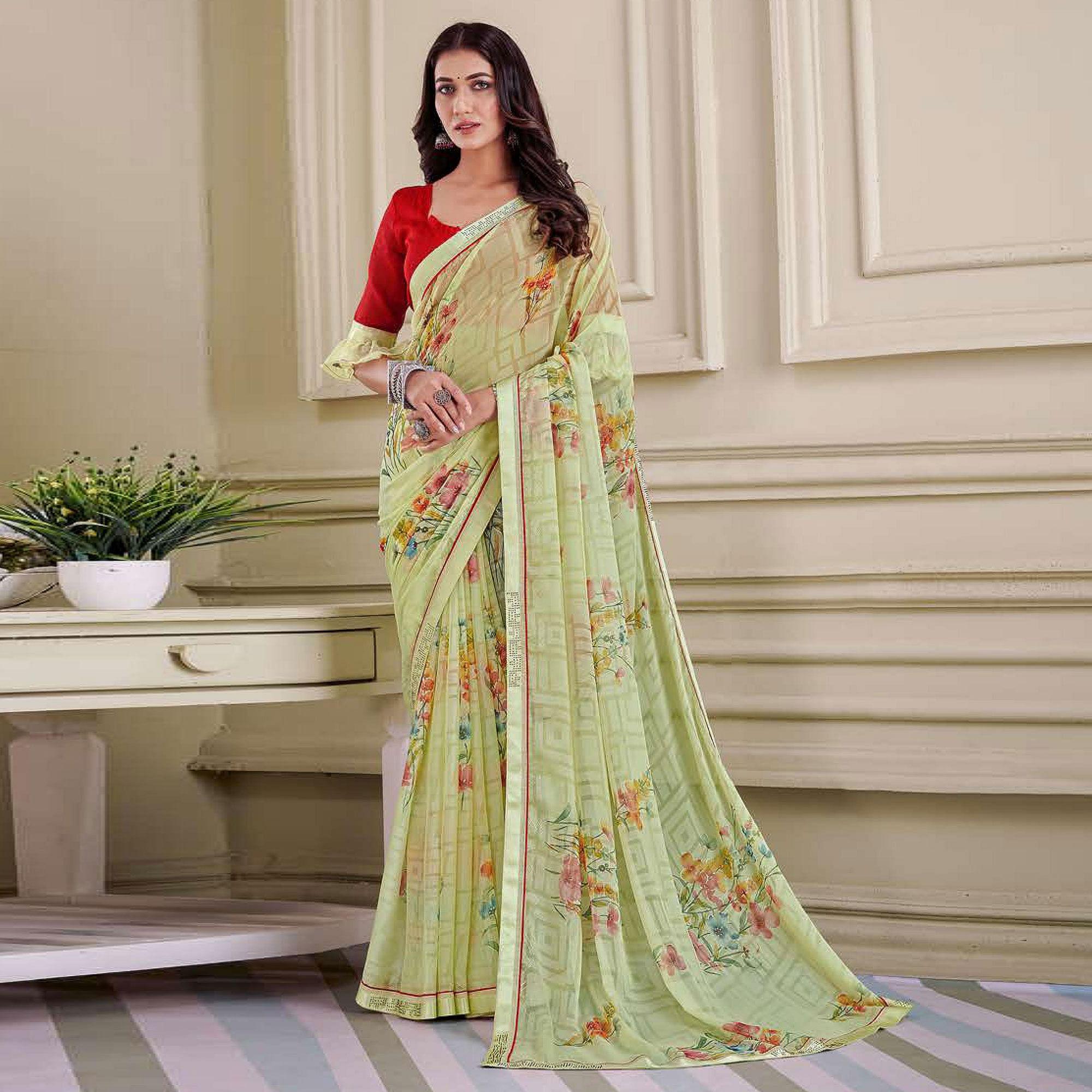 Green Floral Printed Brasso Saree - Peachmode