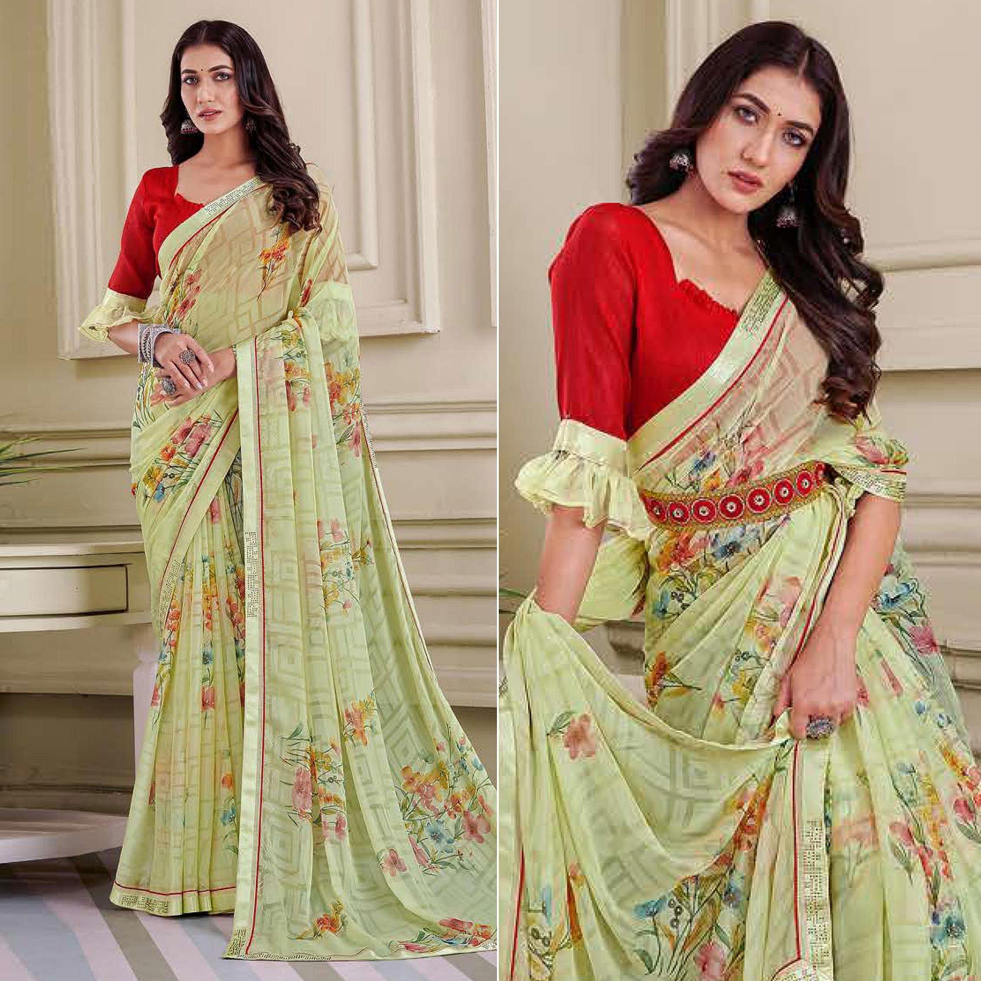 Green Floral Printed Brasso Saree - Peachmode