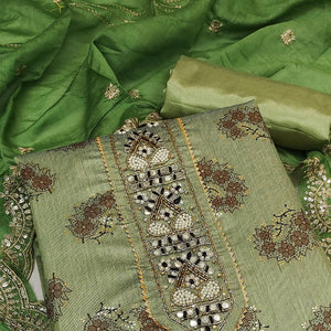 Green Floral Printed Chanderi Dress Material - Peachmode
