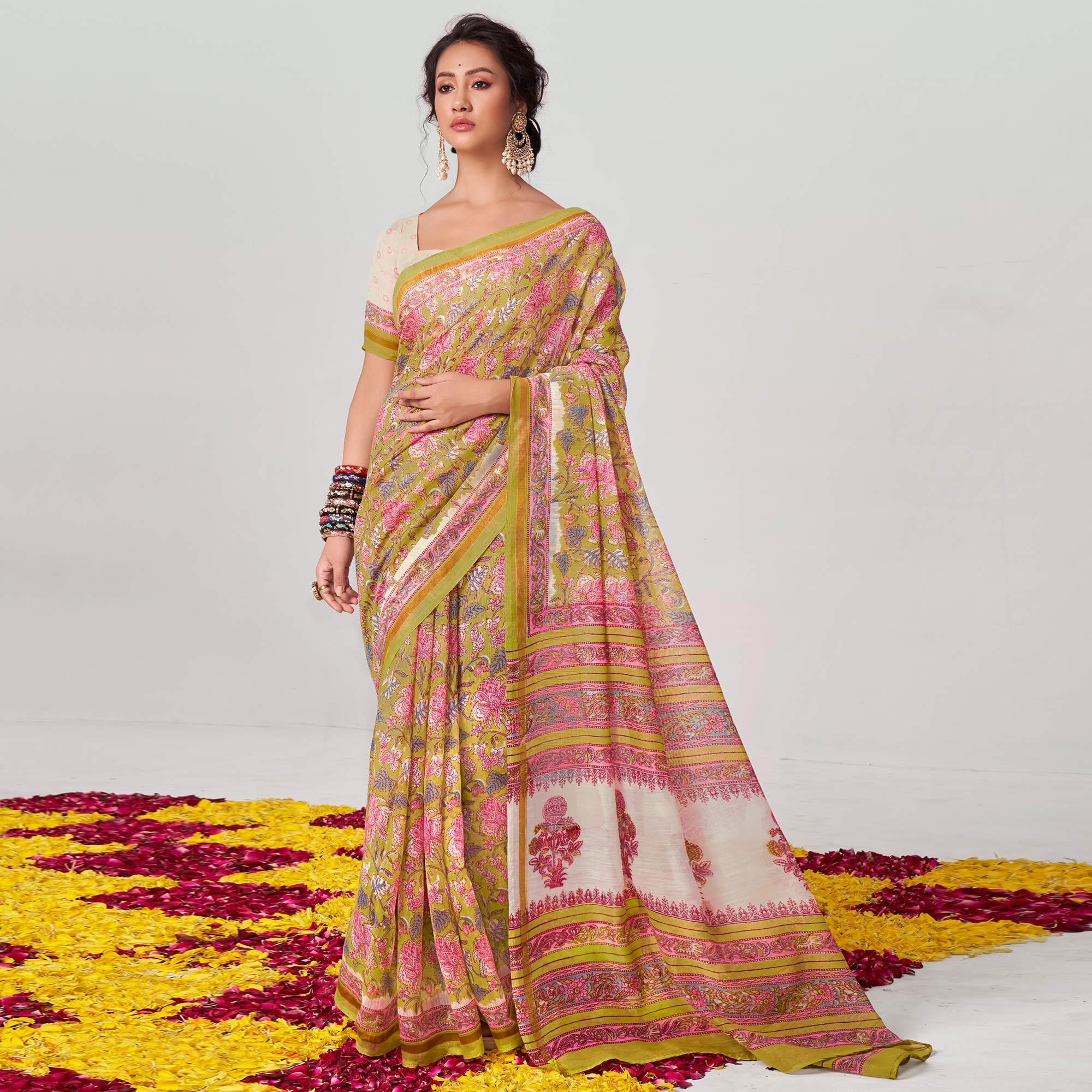 Green Floral Printed Chanderi Saree - Peachmode