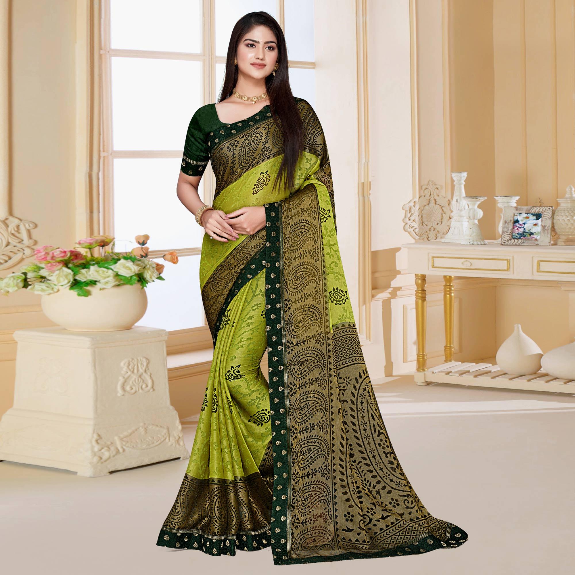 Green Floral Printed Chiffon Saree - Peachmode
