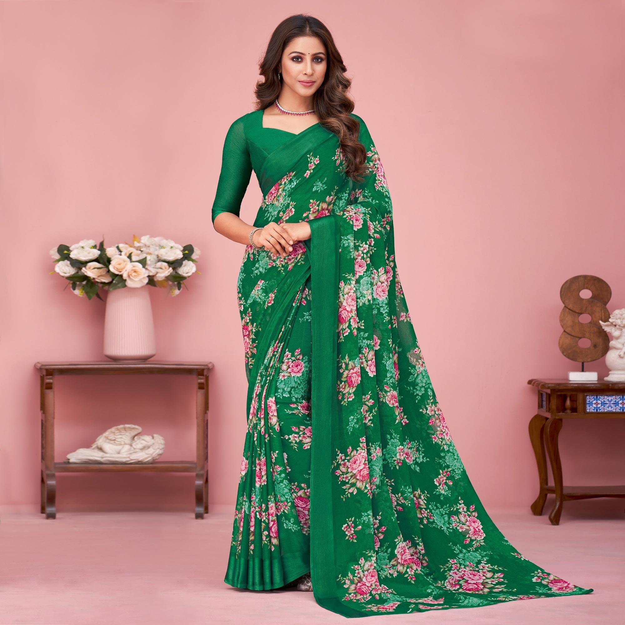 Green Floral Printed Chiffon Saree - Peachmode