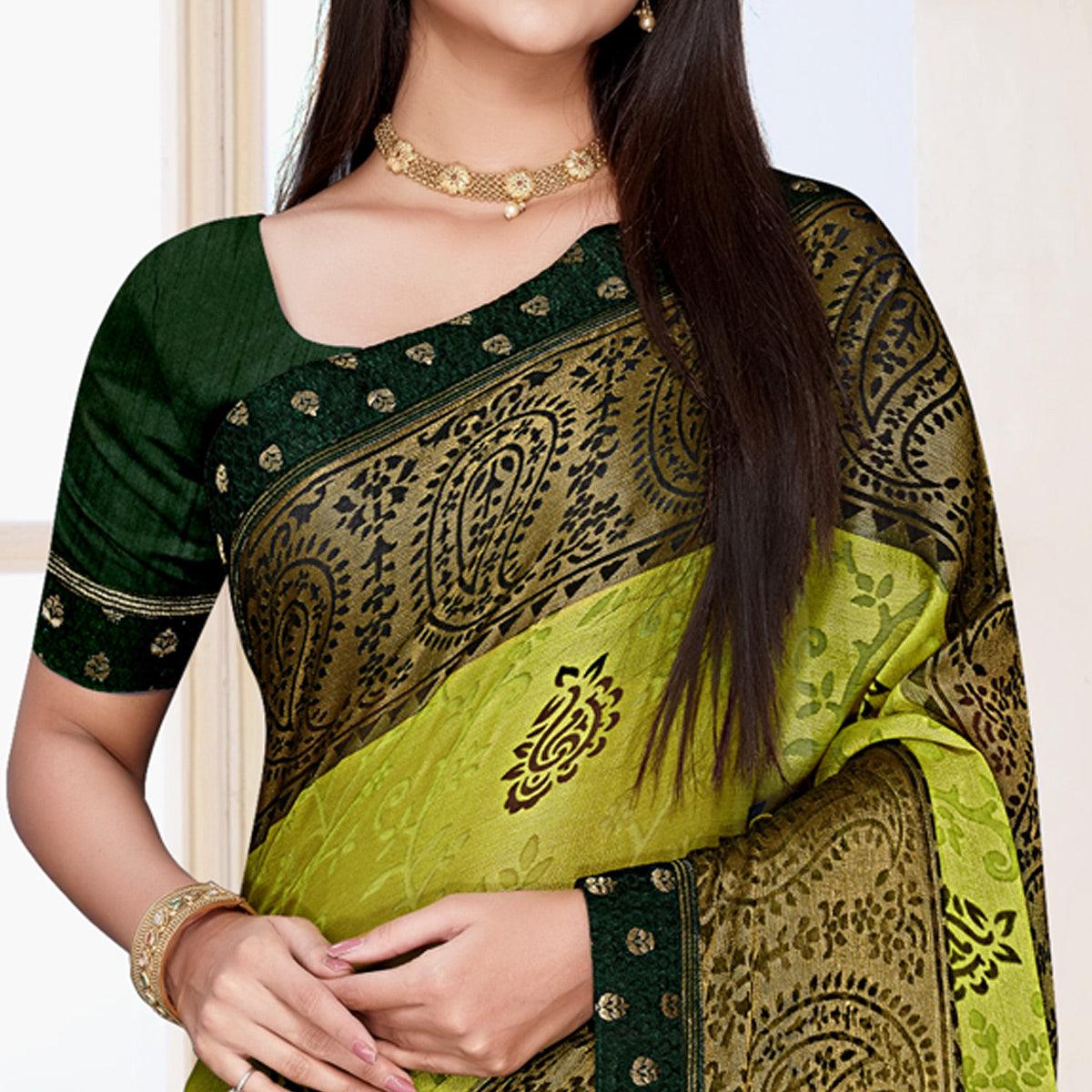 Green Floral Printed Chiffon Saree - Peachmode
