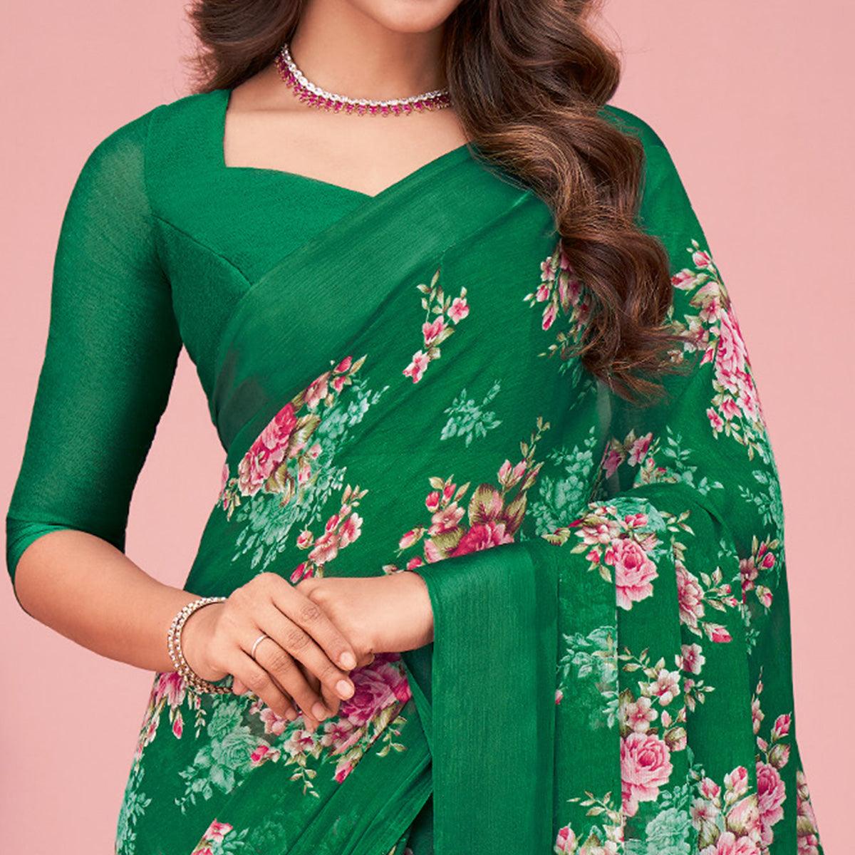 Green Floral Printed Chiffon Saree - Peachmode