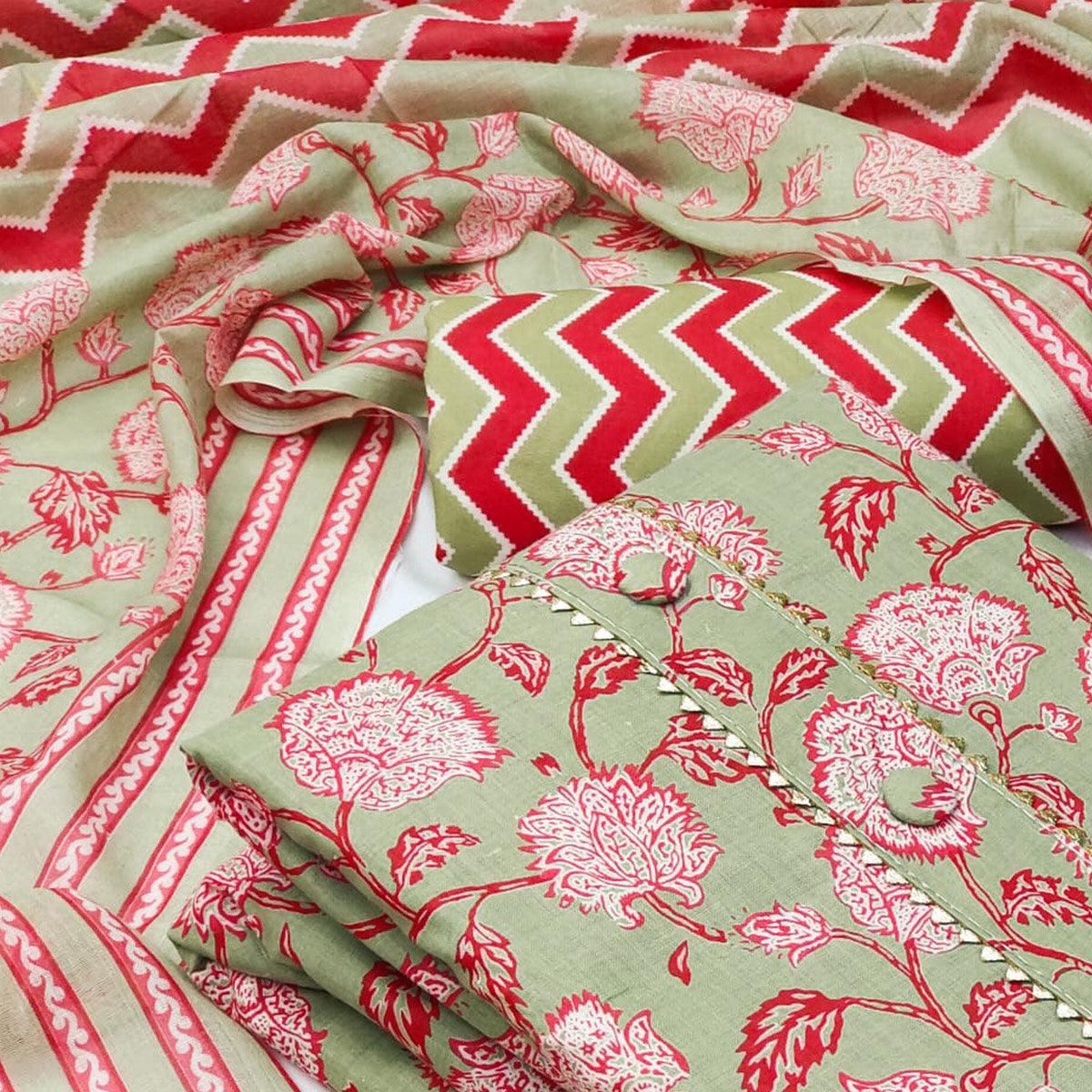 Green Floral Printed Cotton Blend Dress Material - Peachmode