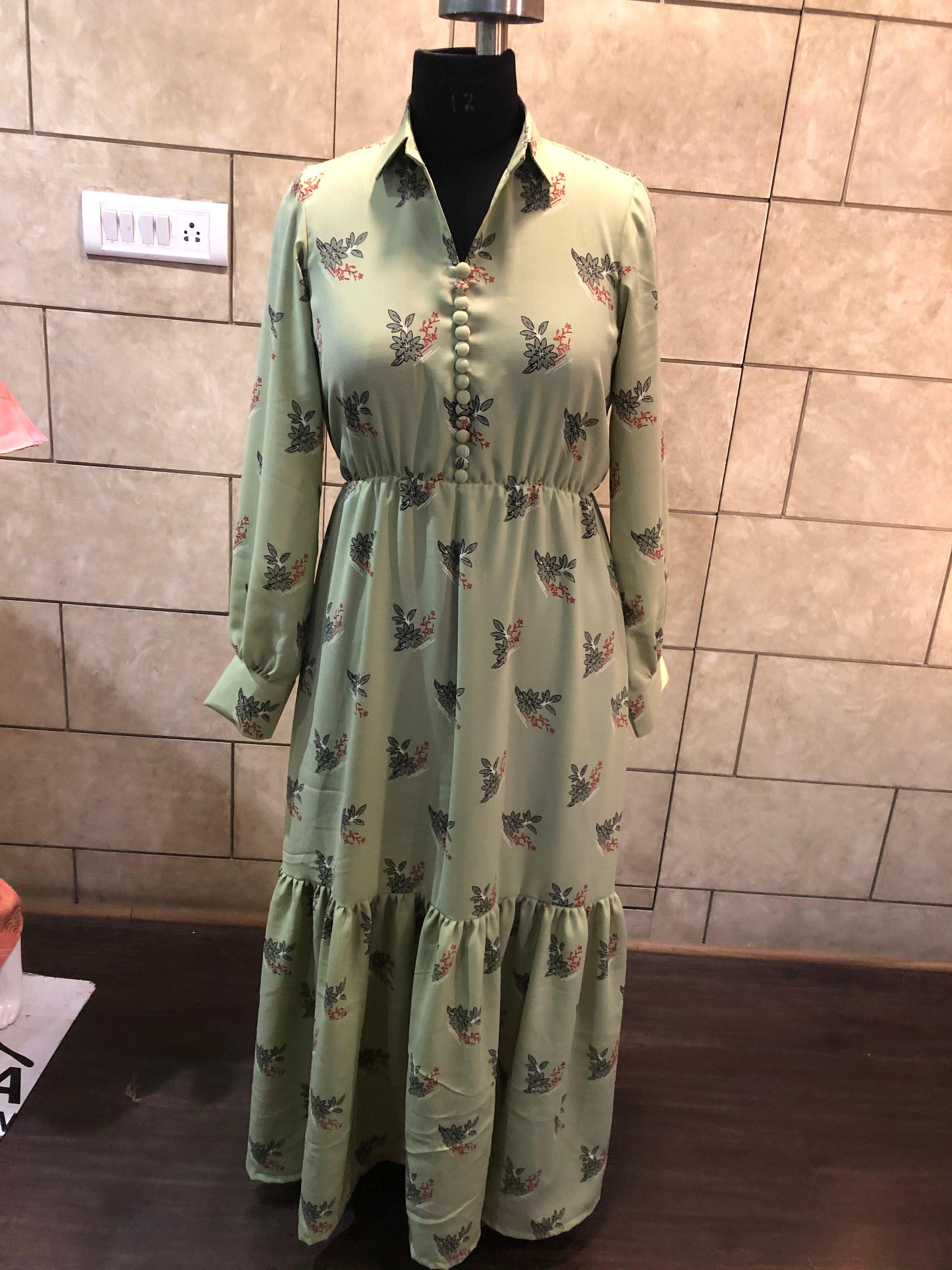 Women's Green Floral Printed Ruffled Crepe Fit & Flare Dress