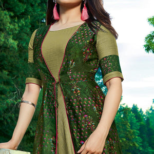 Green Floral Printed Crepe Jacket Style Long Kurti - Peachmode