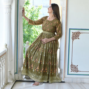 Green Floral Printed Georgette Gown - Peachmode