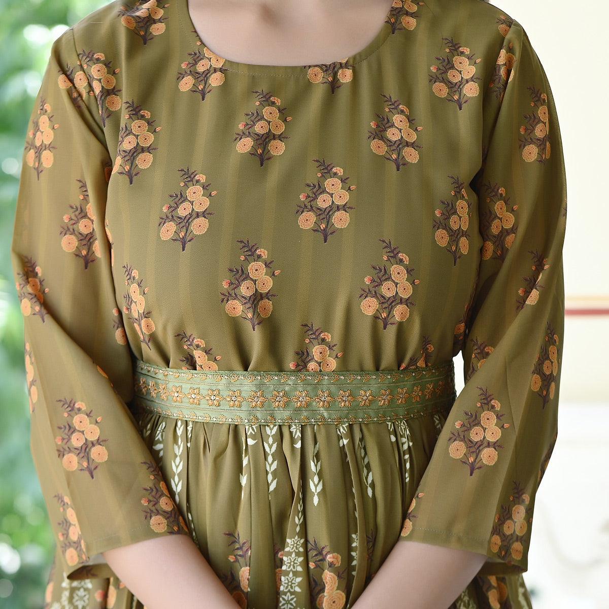 Green Floral Printed Georgette Gown - Peachmode