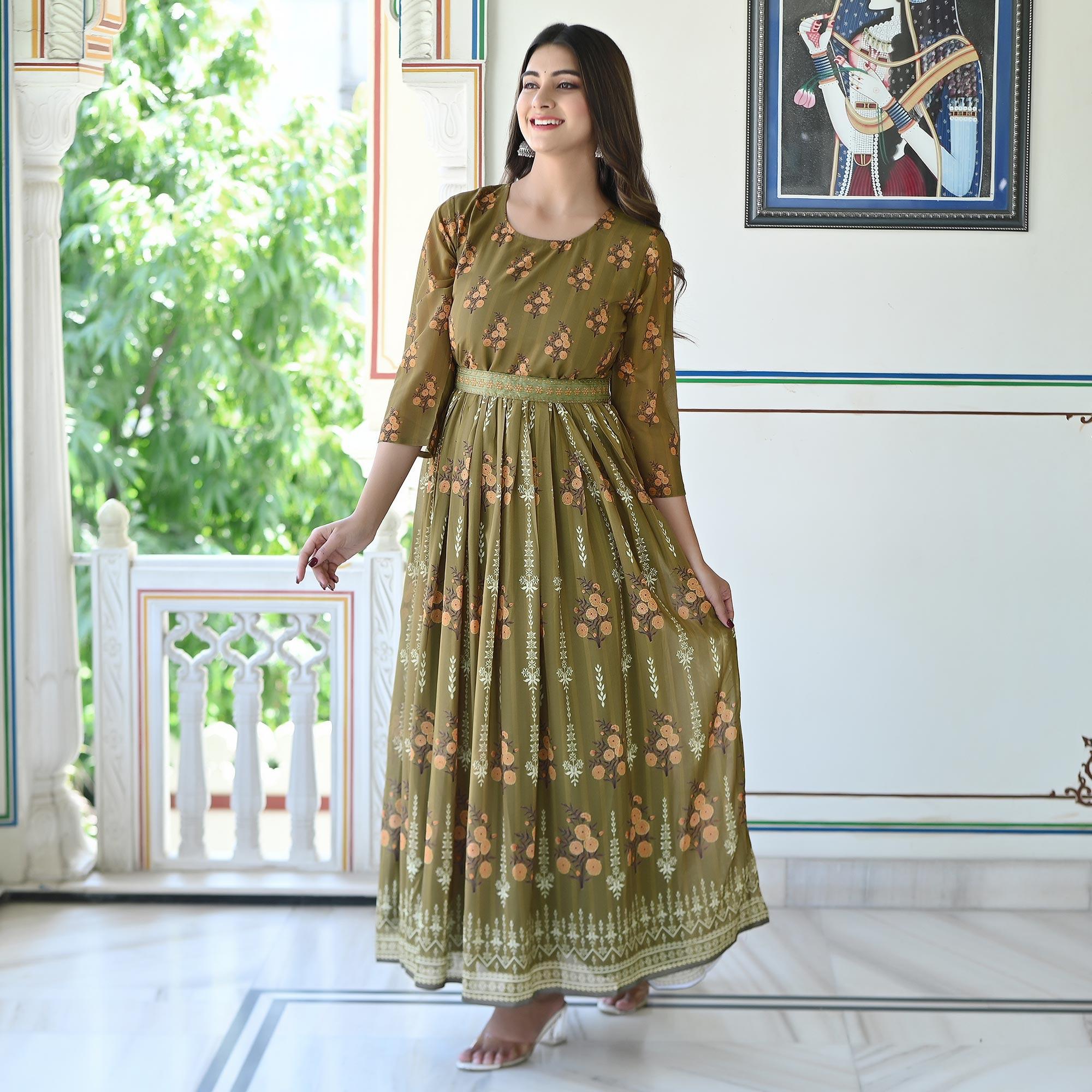 Green Floral Printed Georgette Gown - Peachmode