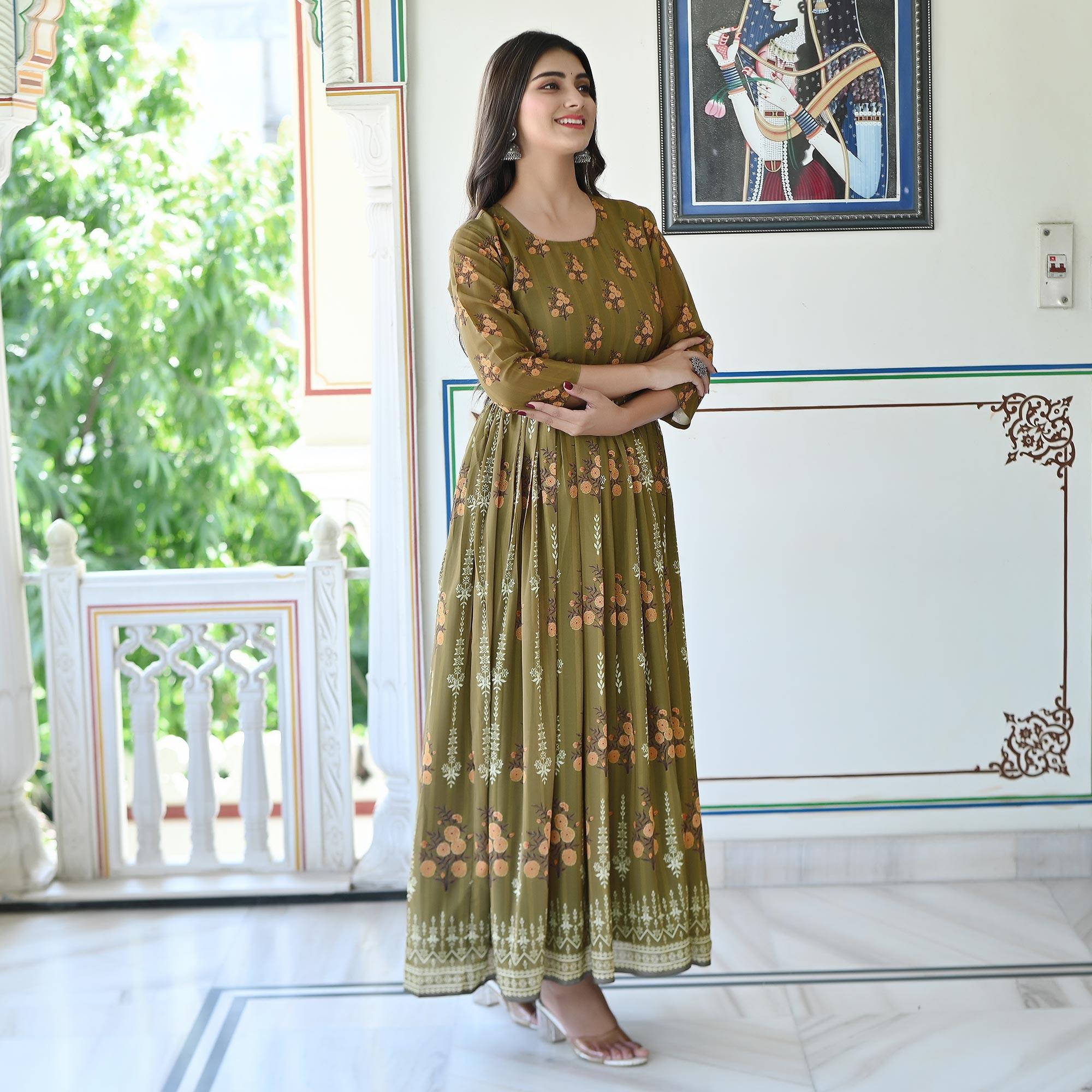 Green Floral Printed Georgette Gown - Peachmode