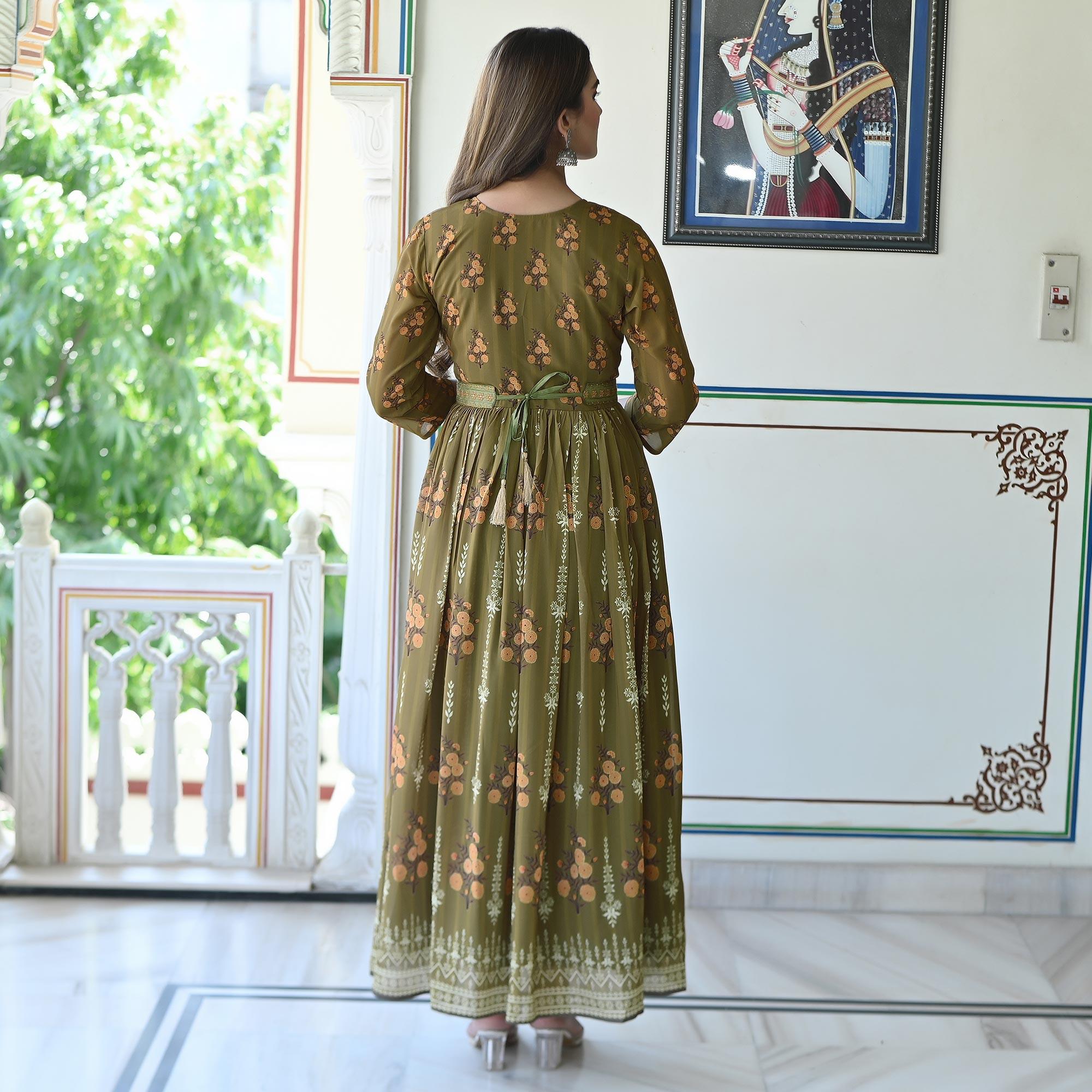 Green Floral Printed Georgette Gown - Peachmode