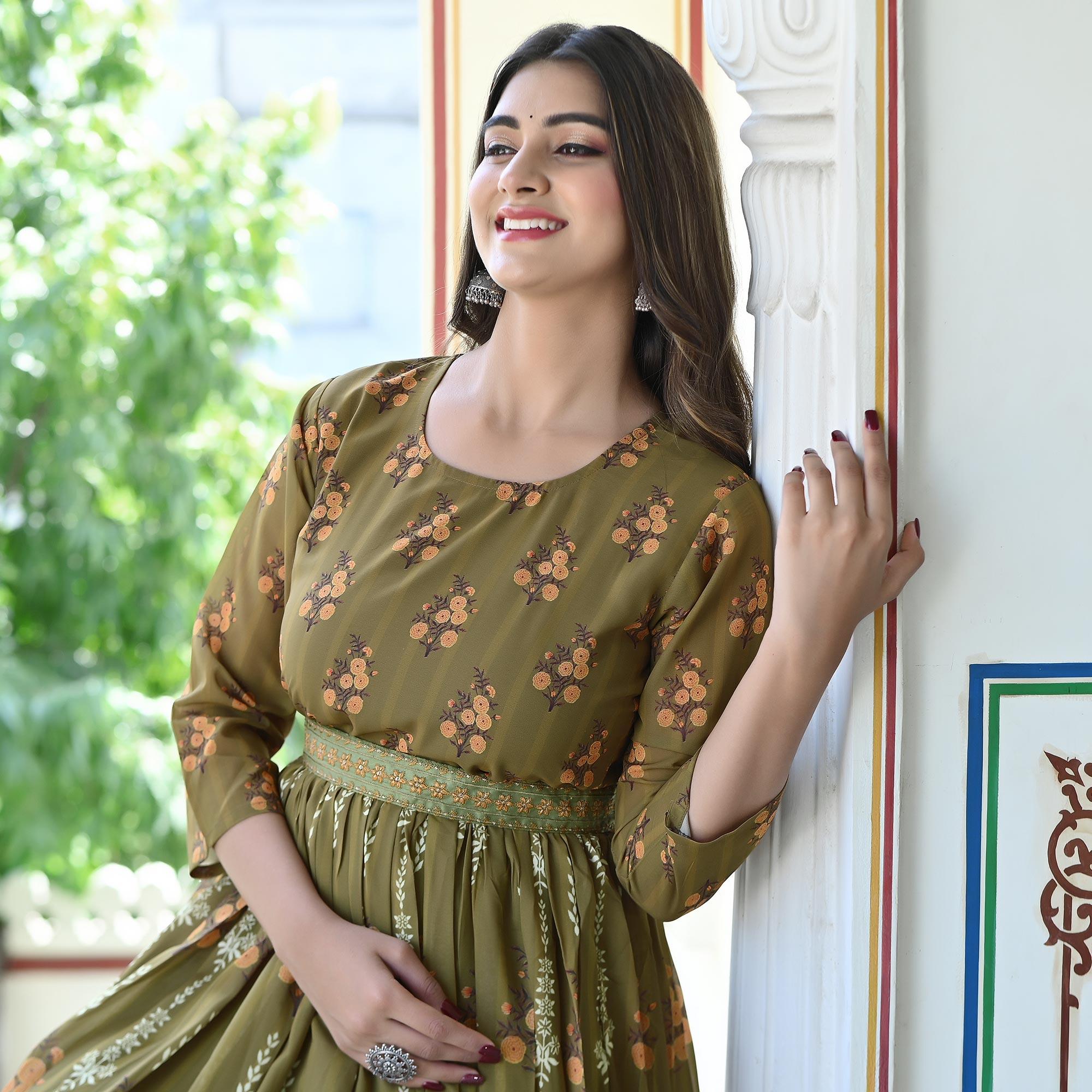 Green Floral Printed Georgette Gown - Peachmode